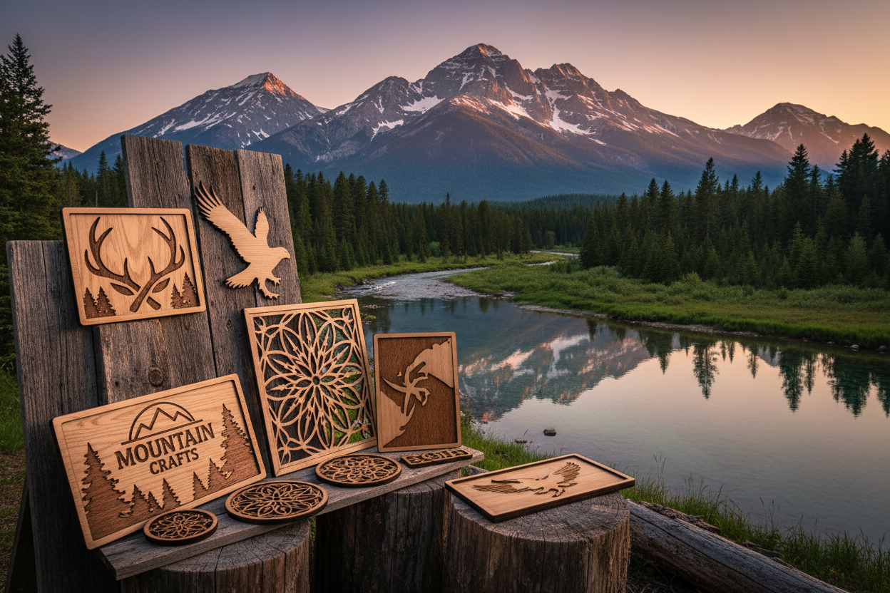Laser cutting products in rustic setting maybe with some mountains, forest or rivers